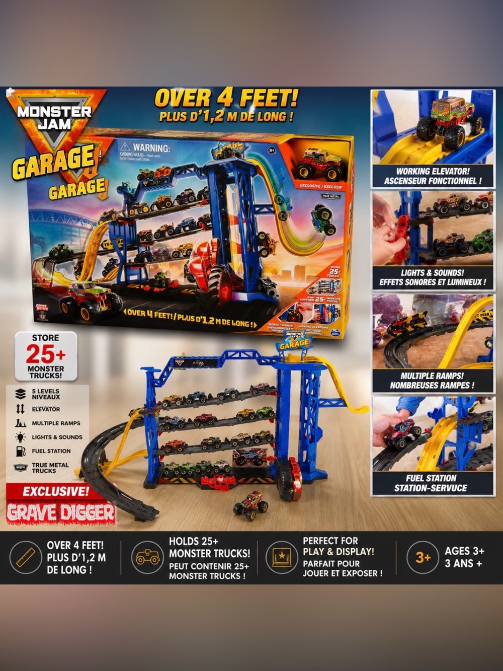 Monster Jam Garage Playset NIB Exclusive Grave Digger Truck Lights Included 1 Tr